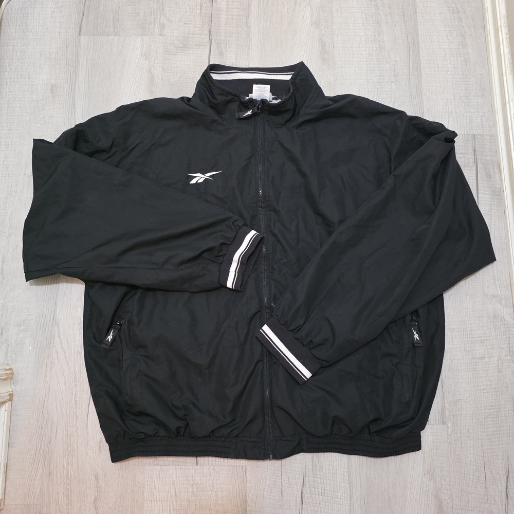 Vintage Y2K Reebok Mens XL Windbreaker Jacket Black Full Zip Track Bomber Coat